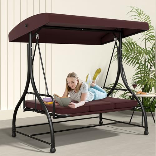 3 in 1 Outdoor Porch Glider Swing with Adjustable Canopy, 3 Seat Patio Swing Chair with Thickened Cushions, for Backyard, Porch, Pools, Garden, Brown - Thumbnail 6