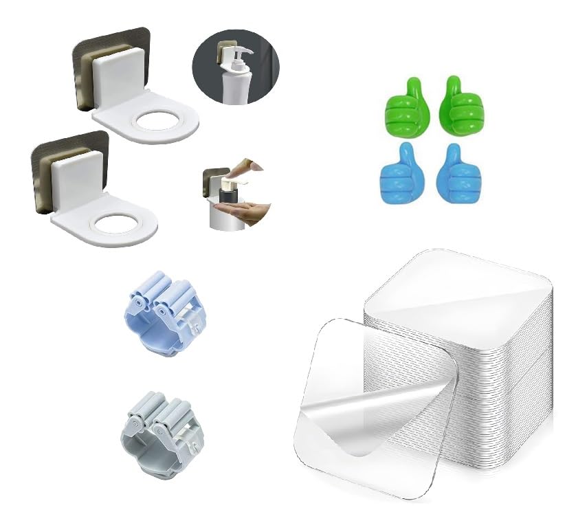 Wall Hook:Wall Mounted Shampoo Dispenser Holder (2), Strong Double Sided Tape 4 Pcs,Multipurpose Mop & Broom Holder -2 Pcs,Thumbs Up Adhesive Hook - 10 Pcs[Combo of 4 Products][18 Pcs] (18)