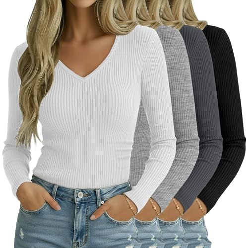 Oakgarden 4 Pack Women Long Sleeve Shirts, 95% Cotton V Neck