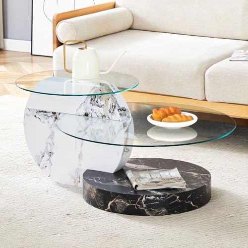 PUGSDRLY Table Basse Ronde 2 Plateaux en Verre trempé, Table Basse Moderne avec Aspect marbre, Structure en MDF, Coffee Table pour Salon et Appartement...