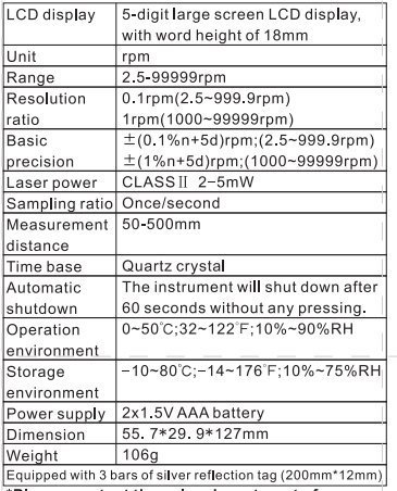Table of Benetech GM8905 Tachometer specifications