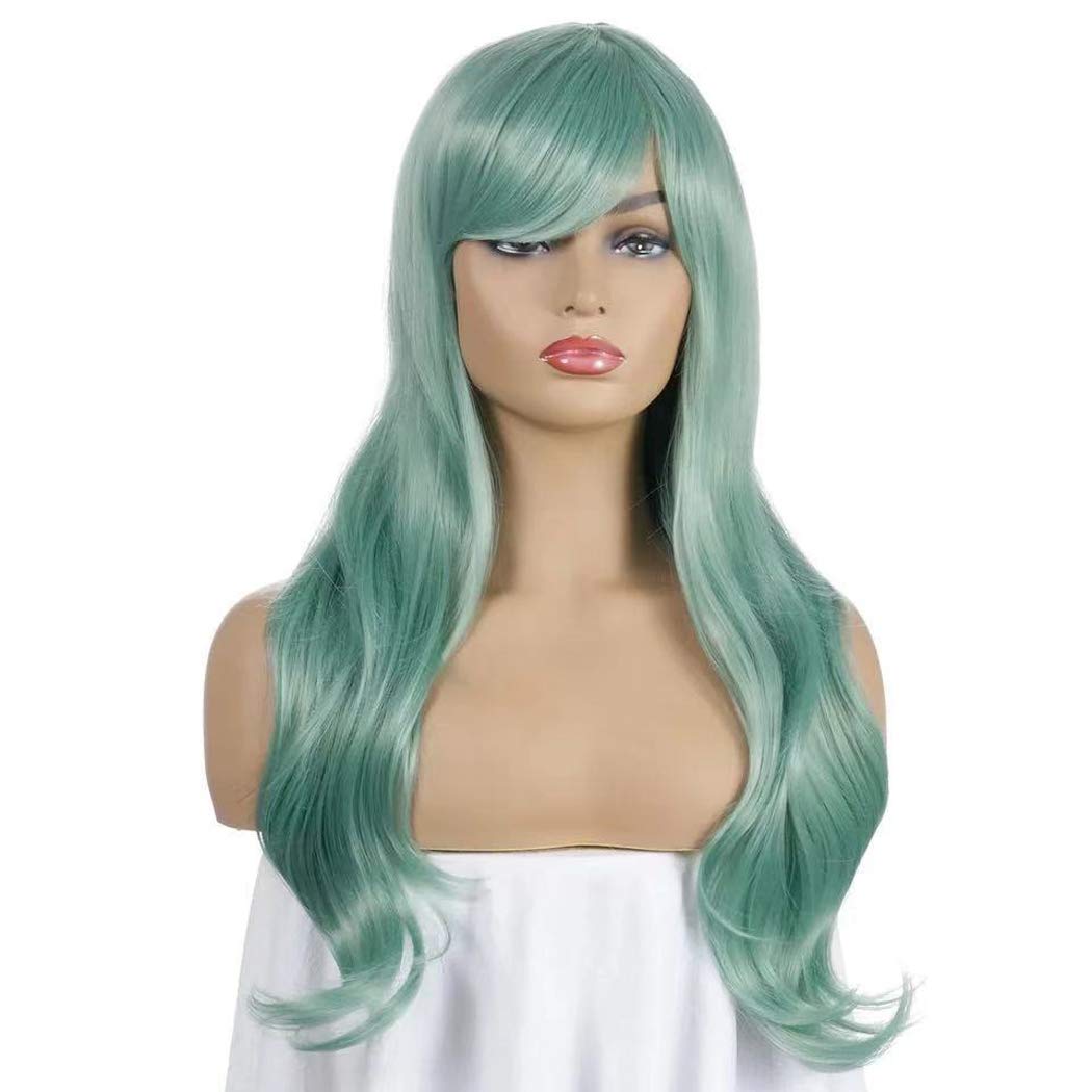 Luhuanx Wigs for Women Girls Long Wavy Heat Resistant Fiber Wigs Side Bangs Cosplay Party, Women's Wigs with Bangs Long Fluffy Curly Wavy (Green)
