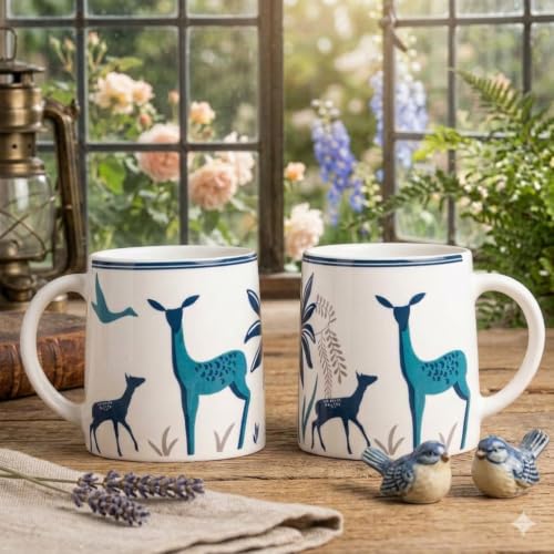 Image of Alive Blue Deer Art Printed Ceramic Tea /Coffee Mug Set of 2 (300 ml) | Microwave & Dishwasher Safe |Premium Ceramic Mugs for Home, Office & Gifting