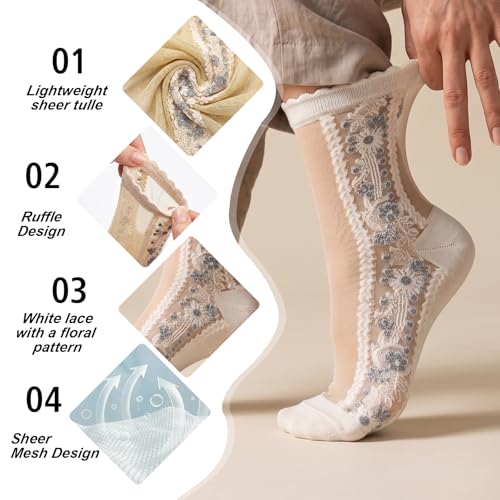Image of 5 Pack Flower Sheer Socks for Women Ruffle Lace Ankle Socks