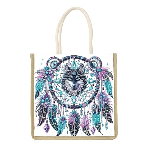 TDFERAN   Bolso de mano, 26 x 26 cm, de compras, para bandolera, pintura, diamante, tela, bricolaje, regalo, bolso de lona hecho a mano, con diamantes, atrapasueños, lobo, bolso de estrás