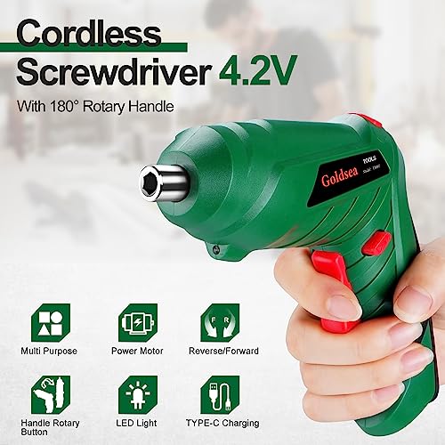 Goldsea Electric Screwdriver, Cordless Screwdriver Set Rotated 90 Degrees Electric Screwdrivers Handle 4.2V 2000mAh Rechargeable Lithium-Ion Battery w/LED Worklight & Charger, Green,red (TY002) 2 Goldsea Electric Screwdriver, Cordless Screwdriver Set Rotated 90 Degrees Electric Screwdrivers Handle 4.2V 2000mAh Rechargeable Lithium-Ion Battery w/LED Worklight & Charger, Green,red (TY002) - Image 2