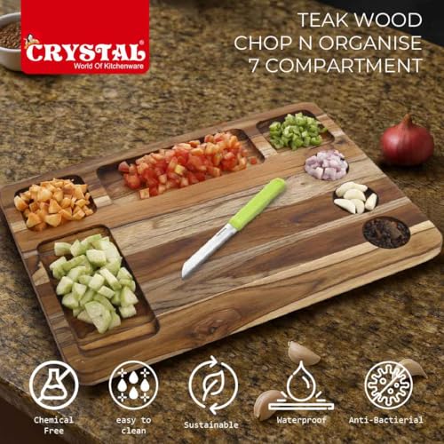 Image of Crystal Teak Wood Chopping Board with 7 Compartments | Chop & Organise | Perfect for Vegetables, Fruits & Bread | Extra Large (35 * 28 * 1.8 Cm) | Handcrafted & Eco-Friendly Reversible Cutting Board