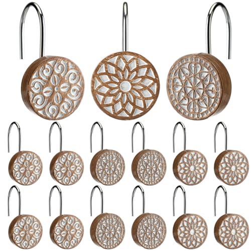 BreezeHug 12pcs Boho Shower Curtain Hooks Decorative Shower Curtain Hangers for Bathroom Rod Resin Round Rings with Brown Floral Pattern Waterproof