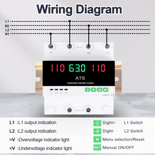 63A 110V Automatic/Manual Transfer Switch, DIN Rail Mount 110V for Generator Backup Power & Gas Furnace, 50/60Hz, LED Display, CE Certified by MARSTEK - Image 5
