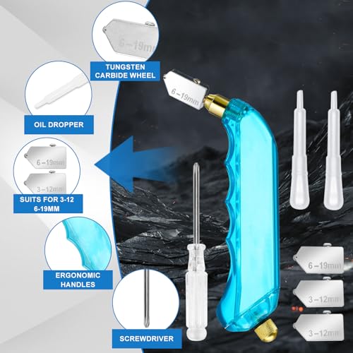 YOTINO Glass Cutting Tool Kit Includes Blue Grip Oil Feed Glass Cutter with 2 pliers, 3 Extra Replacement Head, Tungsten Scribe Engraving Pen, Screwdriver and Oil Dropper