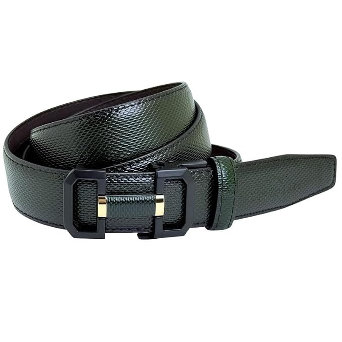 The Tie Hub Patina Polish Ratchet PU Leather Belt for Men | Fit up to 42double prime Waist | Vegan Belts | No-Hole Belt with Auto-Lock Buckle | Formal & Casual Belts | Trim-to-Fit | Premium Wooden Box Gift