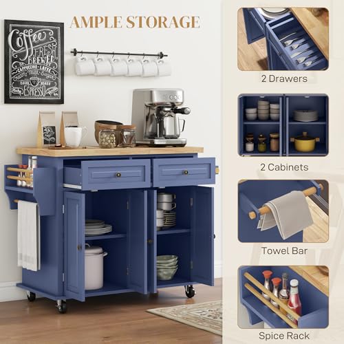 image for HOMCOM Kitchen Island on Wheels, Rolling Cart with Rubberwood Top, Spi