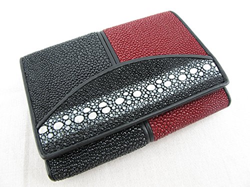 Pelgio Genuine Row Diamond Stingray Skin Leather Trifold Wallet Black (Black & Red)