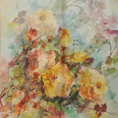 Wrapables 100% Mulberry Silk Floral Painting Square Scarf, Yellow Roses on Pink4