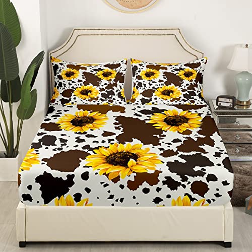 Sunflower Cow Bed Sheet For Kid Girl Man Queen,Rustic Cowhide Brown Sheet Set With Yellow Floral Soft,Wildlife Farmhouse Cow Fitted Sheet Deep Pocket + Abstract Milk Cow Flat Sheet + 2 Pillowcases #TOP2