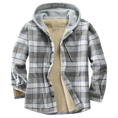 Image of Men's Cotton Plaid Shirt Jacket Fleece Flannel Sherpa Button Down