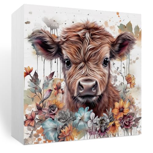 Krollma Highland Cow Bathroom Decor, Western Highland Cow Wooden Box Sign Decoration, Baby HighlandCow Nursery Decor Gifts, Western Rustic for Home Office Bathroom Shelf Decoration