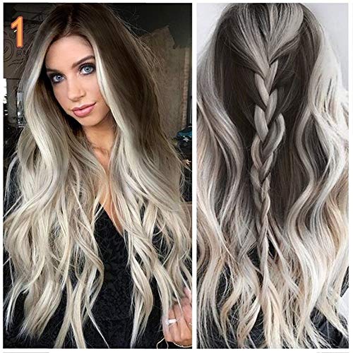 Dumanfs Fashion Womens Synthetic Wig Natural Grey Long Wavy Full Lace Wigs Mix Color Party Full Hair Wigs