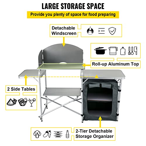 Vevor Camping Kitchen Table, Aluminum Portable Folding Camp Cook Station With Windscreen, Cupboard, Storage Organizer, Carrying Bag, Quick Installation For Outdoor Picnic Beach Bbq Rv Traveling, Grey #TOP2