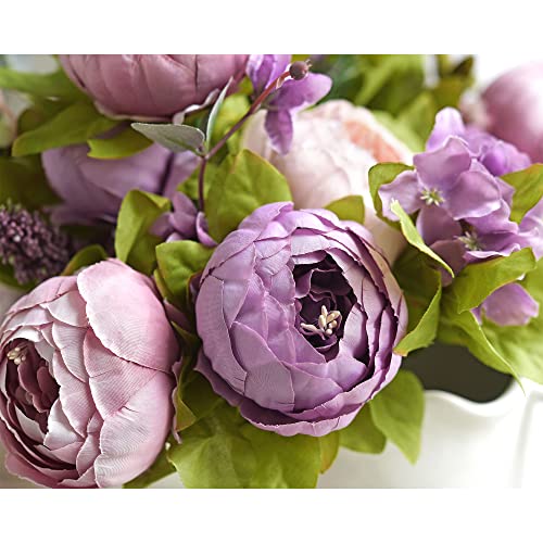 Image of FiveSeasonStuff Dusty Purple & Greenery Accents Artificial Peony Bouquet, Two Coordinating Faux Silk Flower Bundles with Hydrangeas
