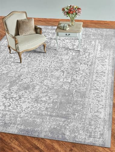 vivorug 6x9 Neutral Area Rugs, Stain Resistant Washable Rug for Living Room, Vintage-Inspired (Ivory/Silver, 6'x9')