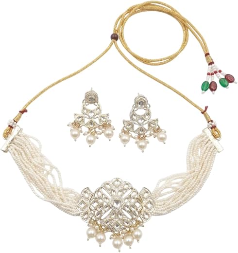 INNOVATE ART IMPEX Traditional Kundan Style White Beaded Choker Necklace Set with Matching Earrings | Multi-Strand Pearl I...