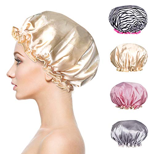 BURUSN Shower cap, 4 Pack Shower cap for Hair, Waterproof Double Layer Lined Reusable Bath Shower Cap for Women, Stylish Satin Hair Cap