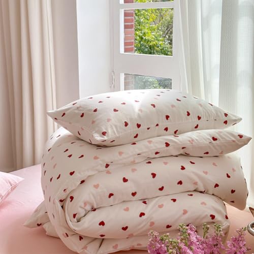 Image of Heart Duvet Cover Set Full Size Red Pink Heart Printed Bedding Set with 2 Pillowcases 3Pcs Kids Cute Kawaii Heart-Shaped Pattern Reversible Soft Microfiber Comforter Cover for Girls Women