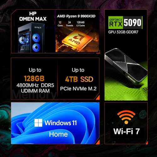 Image of PCONLINE HP OMEN MAX 45L Customized Gaming Tower Desktop, AMD Ryzen 9 9900X3D, GeForce RTX 5090, 32GB-128GB DDR5, 1TB-4TB PCIe M.2 SSD, RGB Light Studio, DP, HDMI, Wi-Fi 7, Windows 11 Home, Black