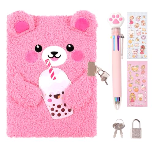 Image of Bear Diary with Lock,Cute Diary for 6 7 8 Year Old Girl,Kids Journal Notebook Set with Multicolored Pen,Plush Secret Diary Lined 160 Pages,Christmas Birthday Set for Kids