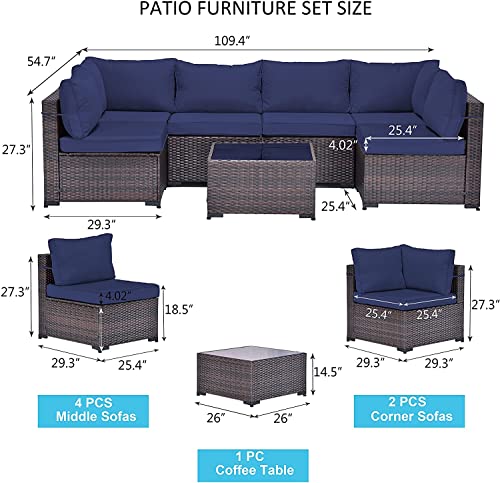 Kullavik Outdoor Patio Furniture Set, 7-Piece Patio All-Weather Outdoor Sofa, PE Wicker Combo Set with Coffee Table and Washable Sofa Seat Cushions (Navy Blue) - Thumbnail 3