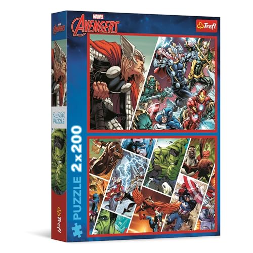 Trefl - Puzzle 2 en 1 : Marvel The Avengers, Les Défenseurs du Monde - 2 x 200 Pièces - Ensemble de Deux Puzzle pour Les Adolescents