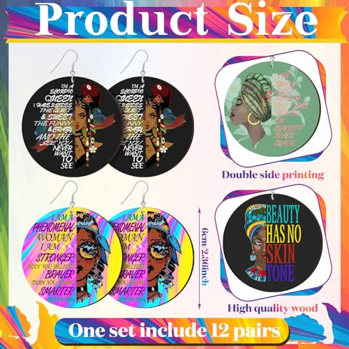 12 Pairs Motivational Ethnic Earrings Hispanic Heritage Month Earrings Spanish Wood Dangle African American Jewelry for Black Women4