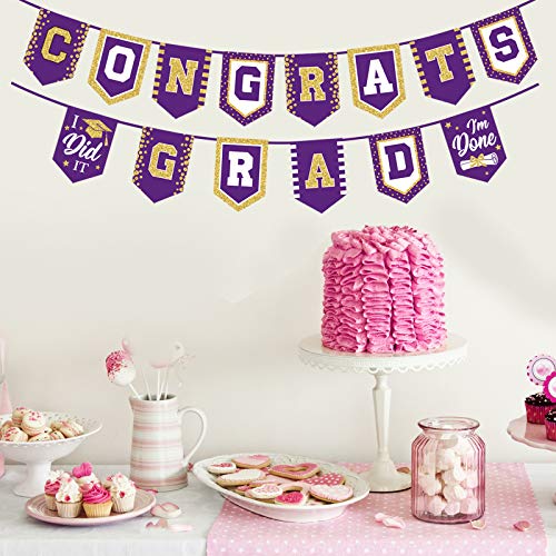 Image of 2025 Purple Graduation Banner - No DIY Required Graduation Party Supplies Decorations Grad Banner for College, High School Party (Purple Congrats Grad)