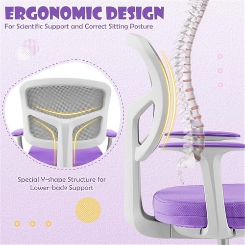 Image of Pemberly Row Kids Study Chair, Adjustable Height 31.5-36 in, Mesh Back, Cushioned Seat, Lumbar Support, Swivel Seat, Auto Brake Casters, Purple Finish, Ergonomic Chair for Study or Homework Use