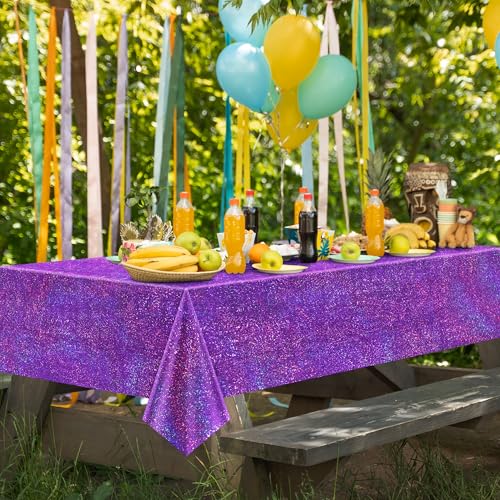 Image of Just Shimmer Purple Holographic Tablecloth 40 x 108, 1 Pack Iridescent Shiny Disposable Plastic Rectangle Table Cover for Halloween, Birthday, Bachelorette, Graduation and Wedding Party Decorations
