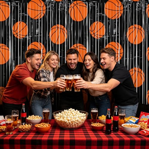 Image of 2 Packs Basketball Foil Fringe Curtain, Black Orange Basketball Pattern Metallic Tinsel Backdrop for Birthday, Baby Shower, Game Day, Team Celebrations, Sports Party Decorations Favor Supplies
