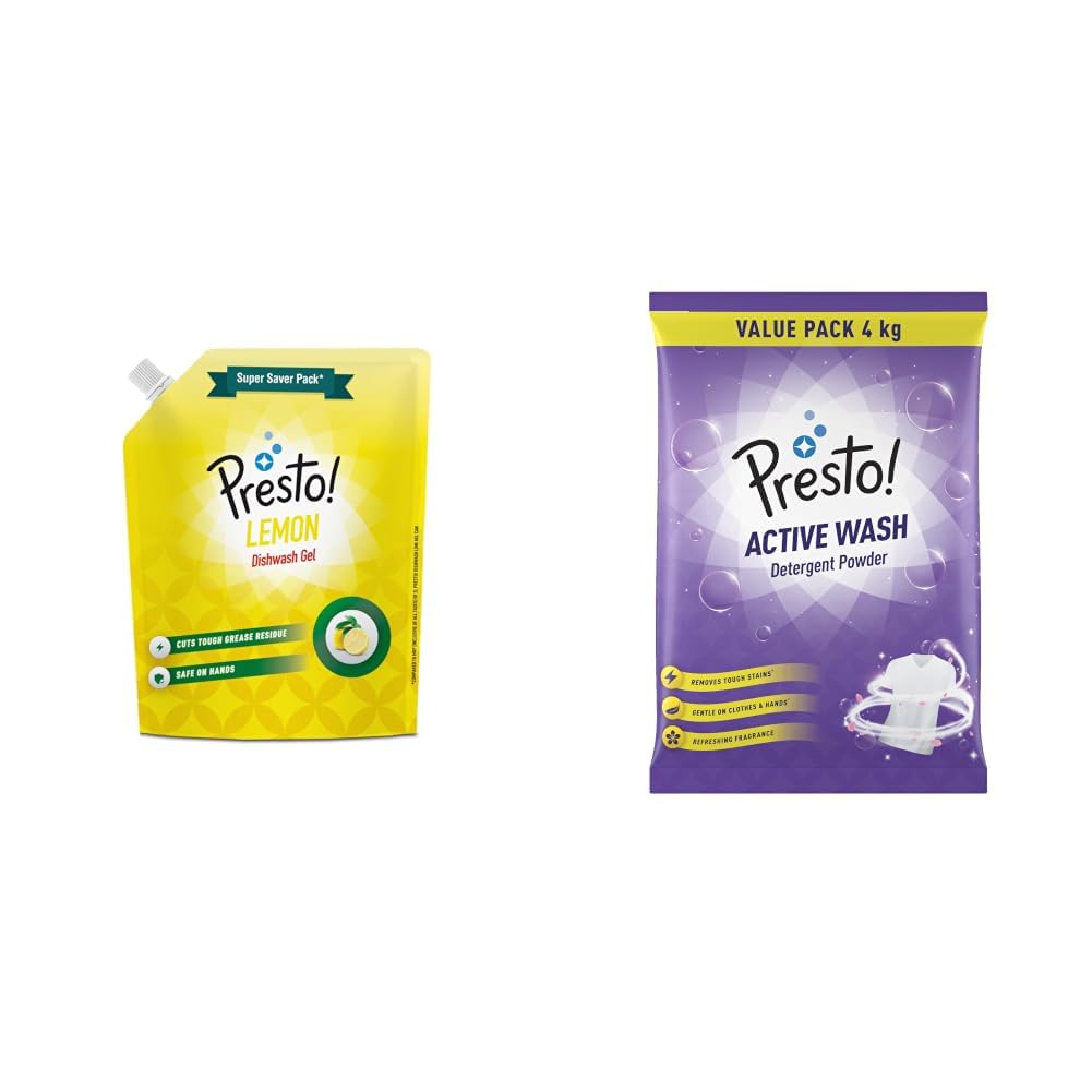 Amazon Brand - Presto! Dishwash Gel Refill Pouch | Lemon | 2 Litre | Leaves No Residue And Foul Smell | Grease Cleaner For All Utensils & Active Wash Detergent Powder | 4 Kg | Tough On Stains-image-43