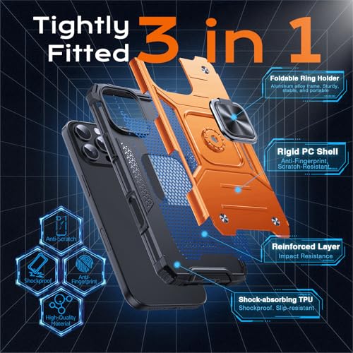 Image of Anqrp Heavy Duty Case for iPhone 16 Pro Case with Enhanced Ring Holder Grip Stand, Military Grade Shockproof Rugged Drop Protective Silicone Hard Slim iPhone 16 Pro Phone Case Cover,Orange