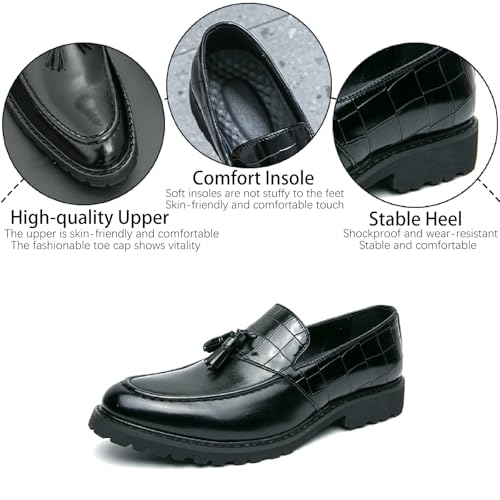 Men's Printed Leather Tassel Loafers Fashion Business Non-Slip Lug Sole Comfortable Block Heel Slip-on Dress Shoes for Party Wedding Office Penny Loafers3