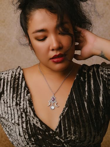 MINACHI Bohemian Ethnic Retro Style Amethyst-toned Pendant Necklace, Purple Moon and Half Moon, Long Jewelry for Women3