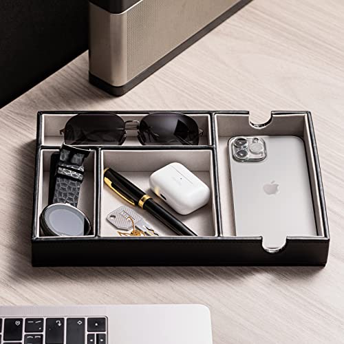 Mens Valet Tray for Nightstand Bedside and Entry Table Faux Leather Catchall Tray for Phone,Watch,Glasses,Wallet,Jewelry and Keys Dresser Organizer Valet Charging Station Gifts for Dad (Grey Lining) - Thumbnail 6