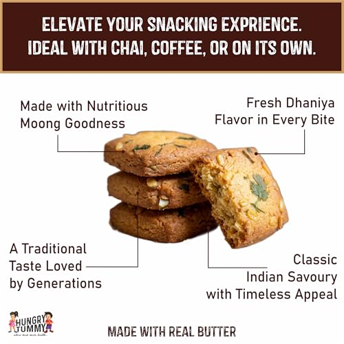 Image of HUNGRY TUMMY Moong Dhaniya Cookies - Handmade Butter Biscuits | Crunchy Savory Snack with Moong Dal & Coriander | Light, Protein-Rich & Digestive Friendly | Freshly Baked, No Preservatives | Perfect Tea-Time Snack (Pack of 350g)