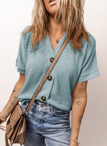 Image of Dokotoo Womens Summer Tops 2026 Waffle Knit Button Down Shirts | Trendy,V Neck,Loose Fit,Jacket,Short Sleeve,Summer Cardigan,Cropped,Shacket,Going Out Outfits,Dressy