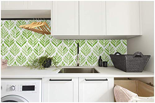 Haokhome 96031-1 Peel And Stick Wallpaper Watercolor Tulip Leaves Green/White Removable Bathroom Corridor Home Wall Decor 17.7In X 9.8Ft #TOP2