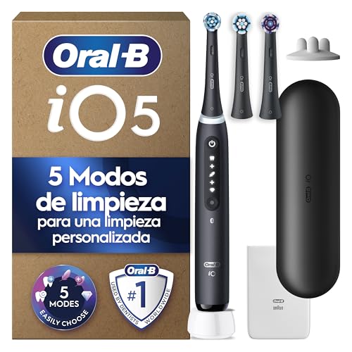 Oral-B iO 5 Cepillo De Dientes Eléctrico Negro Con 3 Cabezales y 1 Estuche De Viaje, 5 Modos De Cepillado Con Blanqueamiento Dental, Sensor De Presión, Diseñado Por Braun