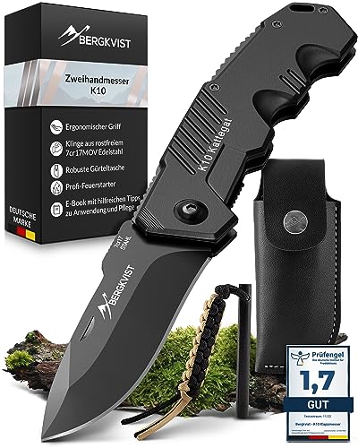 BERGKVIST® K10 Cuchillo plegable (navaja de dos manos) - Navaja afilada para exteriores, supervivencia o caza - con acero al fuego y funda de cinturón - todo metal