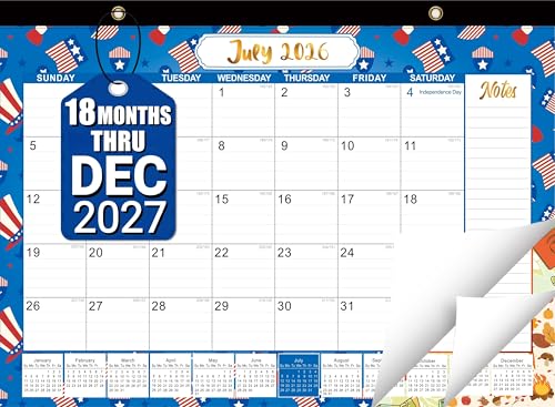 Desk Calendar 2026-2027 Large 18-Month Desk/Wall Calendar Now Through Dec 2027 17 x 12 Thick Paper Large Blocks Plastic Cover Monthly Calendar for Home School & Office Easy Organizing