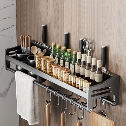 Especiero de pared con gancho y soporte para toallas de papel, instalación sin taladro, ideal para espacios de cocina pequeños, solución de almacenamiento de fácil acceso