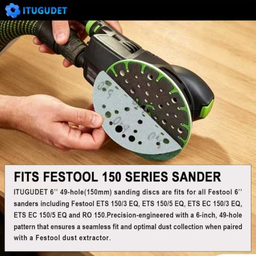 Image of 6 Inch 49 Hole Wet Dry P320 Grit Sanding Discs - 50 Pack Box | Fits Festool ETS / RO 150 Sanders, Zirconia Heavy-Duty Hook & Loop Film Sandpaper for Wood, Auto, Metal, Paint, Body & More